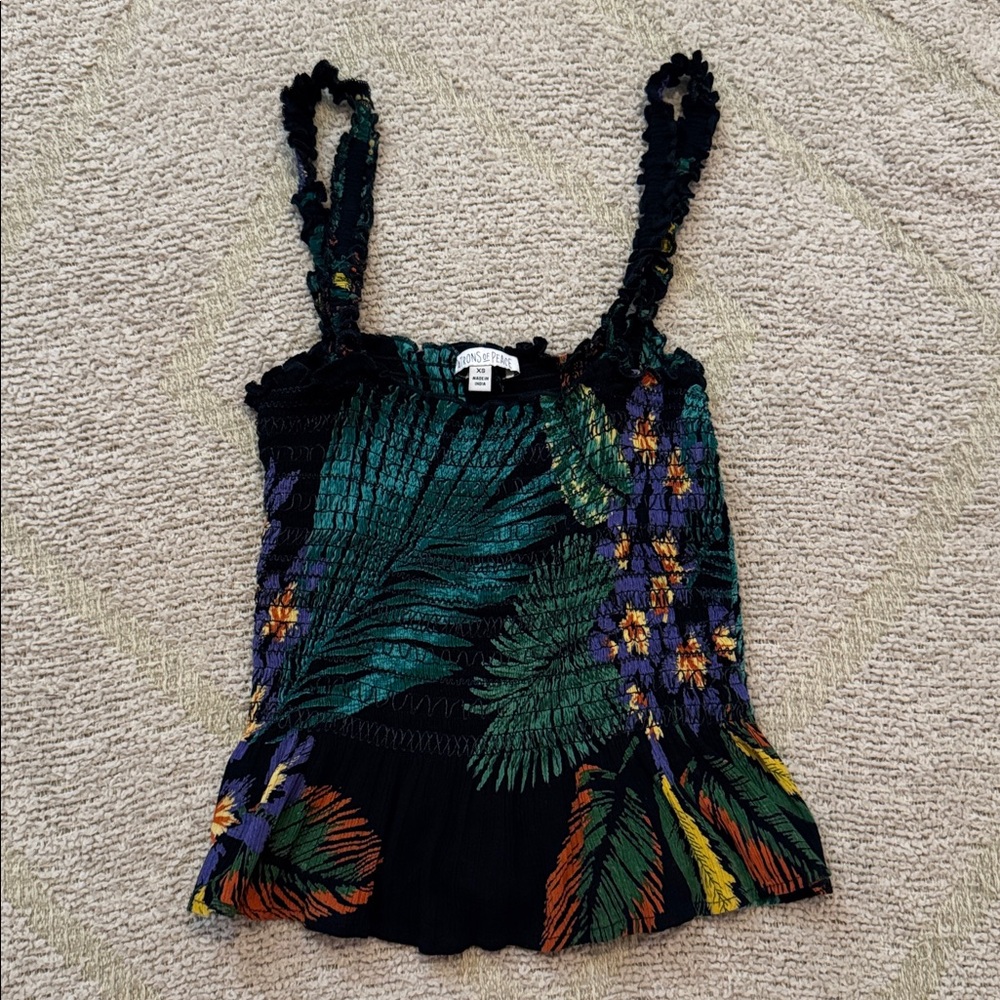 Women's Patrons of Peace Light Flowy Bold Smocked Tropical Tank Top  XS